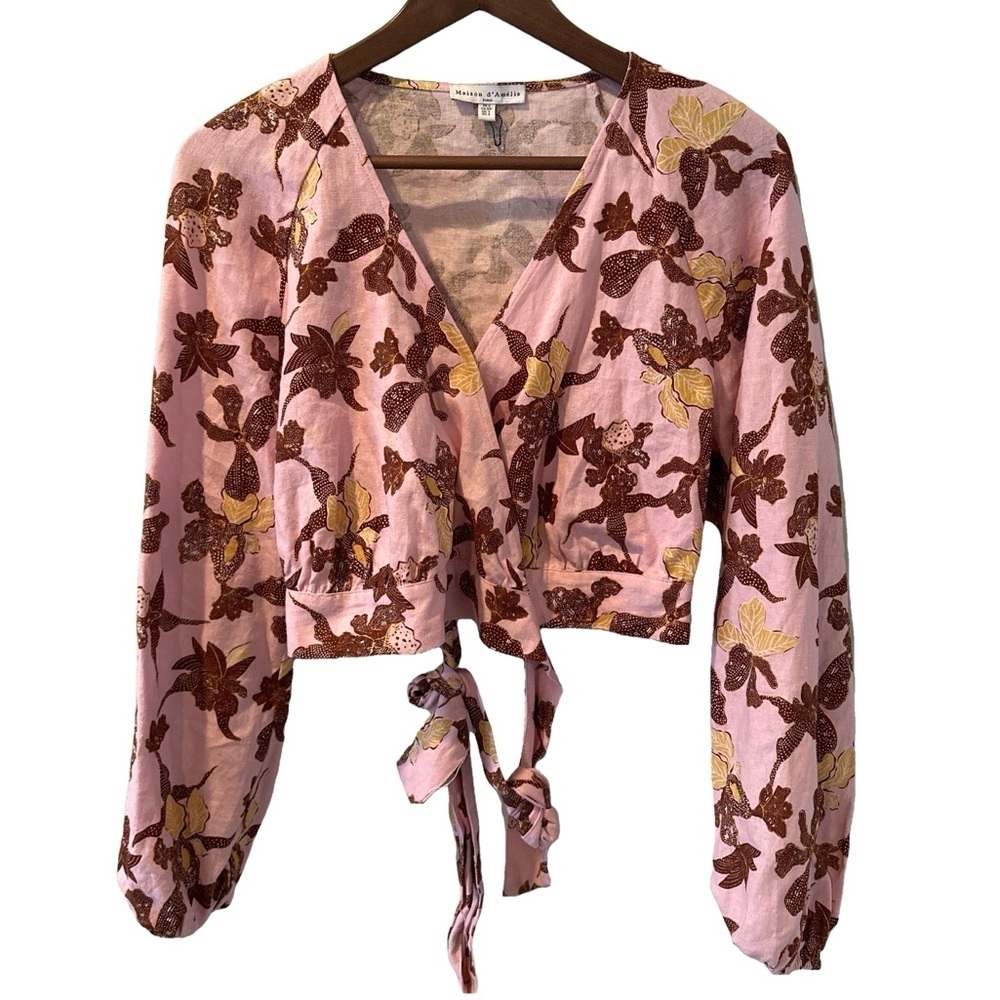 Maison d'Amélie Linen Tropical Wrap Long Sleeve Cropped Blouse Size Small